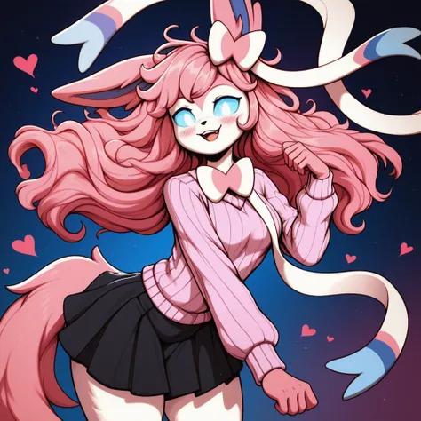 Loving expression, Happy expression, 1girl, anthro, furry, fur, fluffy fur, fluffy big pink tail, sylveon girl, pink hair, medium/long hair, soft/messy hair, (19 years), white eyes, blue sclera, glowing eyes, medium breast, thicc thighs, lots of hearts, (a...