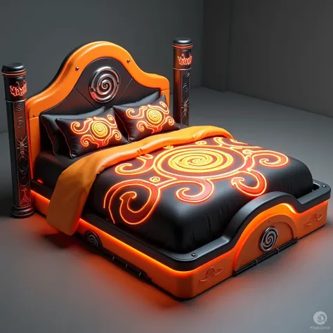 "Create a detailed 3D image of a bed inspired by Naruto from the Naruto series. The bed frame features a design reminiscent of Narutos orange and black outfit, with an orange base and sleek black accents. The headboard is adorned with the iconic Konoha (Le...