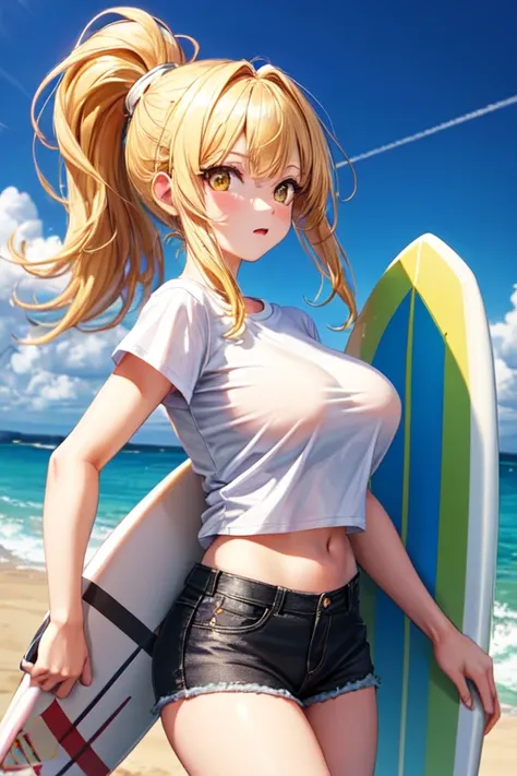 (High definition, masterpiece,  top quality )  Long light yellow ponytail ,  Girl with light yellow eyes ,  big boobs, Im wearing a white t-shirt and a black skinny, Im holding a surfboard horizontally.