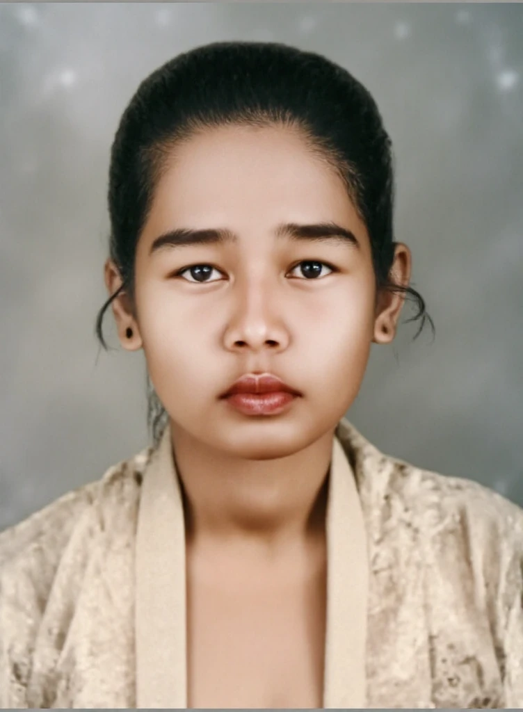 A face photo of an Indonesian female, 45 years old. She has black hair tied to the back. She is wearing traditional dress with geometry motif. The background is studio style background.