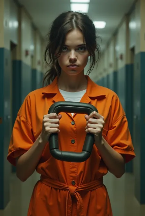 an 18-year-old woman in an orange prison uniform holding the saddle grill