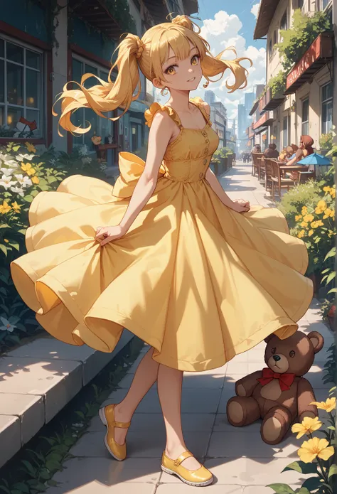   girl in a yellow sundress, yellow ballet shoes ,  double ponytail hairstyle , Teddy bear, Against the backdrop of the city of the future