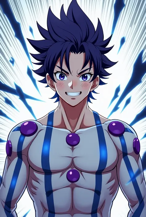  anime manga style drawn in lines of a line cold colors  ; adult ,  with a white shirt he would have a somewhat dark purple hair and would look something fusculated , FRIENDLY MALE face ,   a strange happiness as if he were ready to fight ,  blue eyes ,  a...