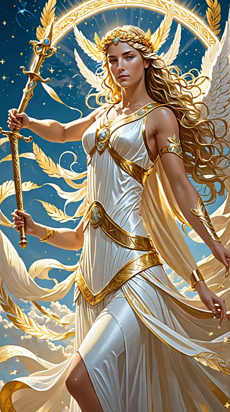 "Create a dynamic and elegant depiction of Nike, the Greek goddess of victory. Portray her as a graceful yet powerful figure with flowing golden hair and radiant, feathered wings that shimmer in shades of white and gold. She wears a flowing, lightweight ch...