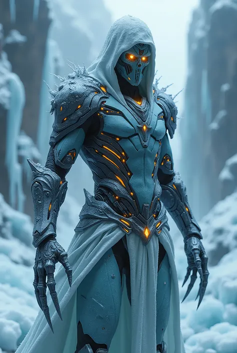 breathtaking cinematic science fiction photo of a portrait of a non human masked Grim dressed as a jokul knight with long metal nails in dirty red metalskin covered in ice frost, body full glowing metrics inside, glowing multicoloured eyes, multifaceted ey...