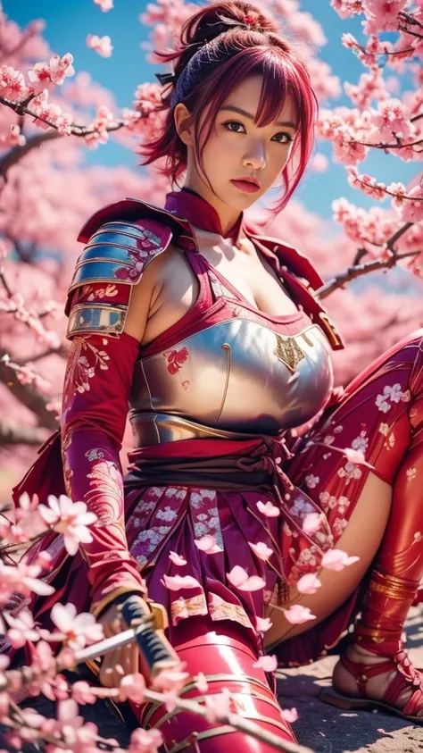  Sexy female character wearing red armor as a warrior from the Sengoku period 、((very short hair))、((Hot pink hair))、((toned body))、(glistening skin)、 toned body、((huge breasts sagging breasts))、Big Breasts、 plump thighs、 The pink armor with a plum blossom...