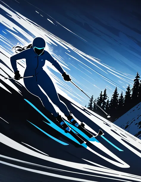 Semi-transparent silhouette female model, The figures are depicted as blue silhouettes, doing ski sprint, Skiing downhill, Dynamic Motion, silhouette art, Womans Shadow, Motion Blur, Mystery vibes, Suspense Setting, Majestic snowy, Undulating, Hilly, creat...