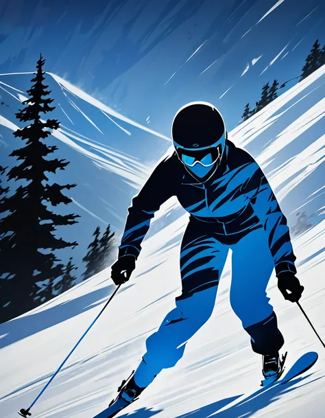 Semi-transparent silhouette female model, The figures are depicted as blue silhouettes, doing ski sprint, Skiing downhill, Dynamic Motion, silhouette art, Womans Shadow, Motion Blur, Mystery vibes, Suspense Setting, Majestic snowy, Undulating, Hilly, creat...