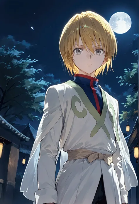 score_9, score_8_up, score_7_up, source_anime ,1boy, solo, kurapika_hxh, blonde hair, grey eyes, short hair, bangs, hair between eyes, The Kingdom of the Unicorn,cowboy shot,outdoor,dark,night,moon,