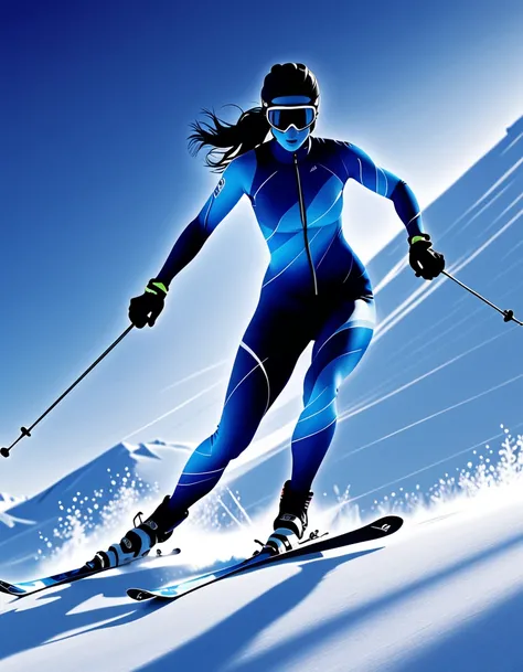 Semi-transparent silhouette female model, The figures are depicted as blue silhouettes, doing ski sprint, Skiing downhill, Dynamic Motion, silhouette art, Womans Shadow, Motion Blur, Mystery vibes, Suspense Setting, Majestic snowy, Undulating, Hilly, creat...