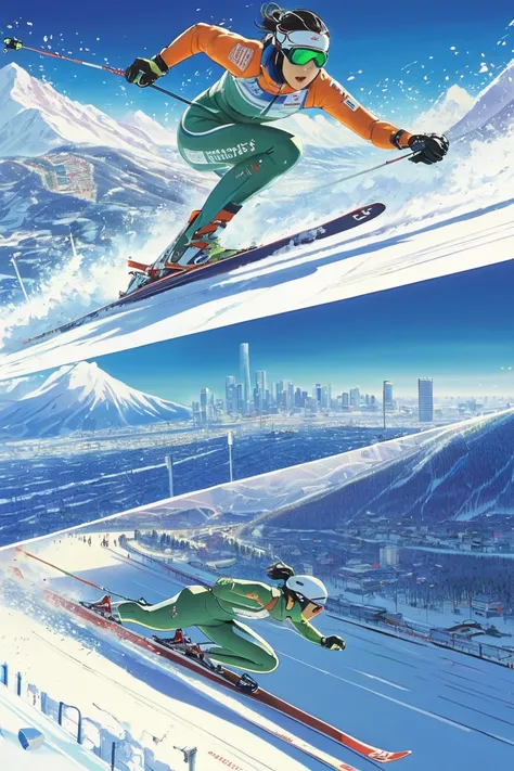 Ski Sprint, by Makoto Shinkai and Makoto Niitsu.
best quality, masterpiece, intricate details, ultra-detailed