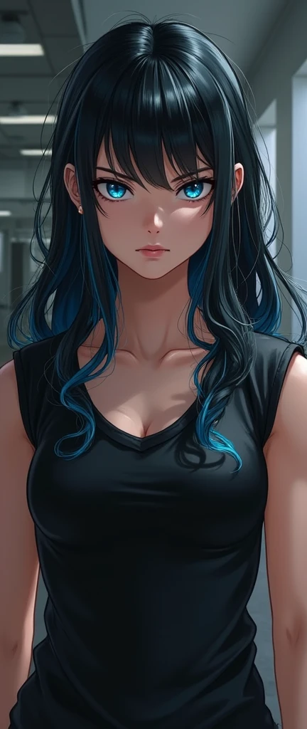 Girl with long black hair with tips painted blue with strong blue eyes looking serious in black sleeveless t-shirt with neckline in gym 