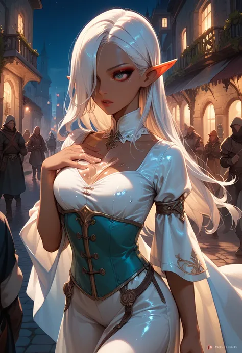  ,    dark skin  , hair covers the eye, rpg,  ,  elf,  covered with oil, runs his hand over his chest, silk clothes ,  long hair, city, prostitute, makeup, Night,  medieval