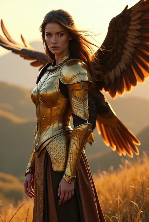  woman with brown hair in golden armor, adelig, Protect an eagle with your life 