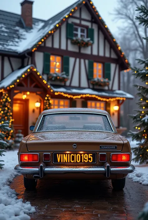 European-style house at Christmas time is a car of the model OPAL COMMODORE BROWN METALLIC and on the license plate the name V I N I C I O 1 9 5