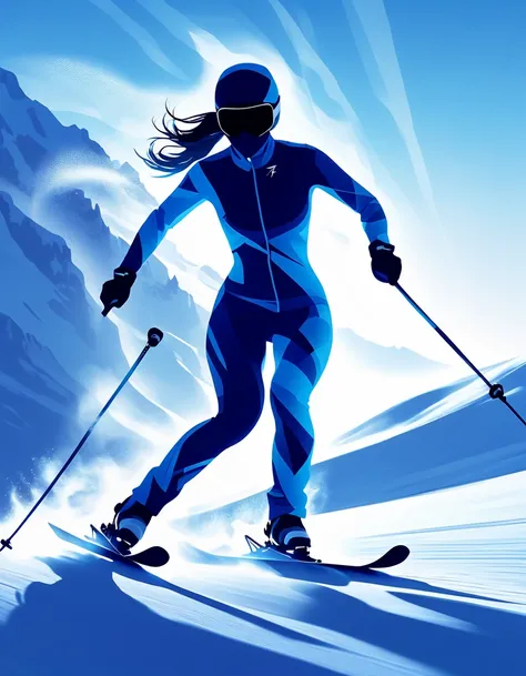 Semi-transparent silhouette female model, The figures are depicted as blue silhouettes, doing ski sprint, Skiing downhill, Dynamic Motion, silhouette art, Womans Shadow, Motion Blur, Mystery vibes, Suspense Setting, Majestic snowy, Undulating, Hilly, creat...