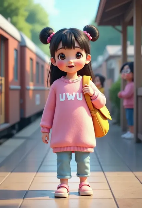 wearing a long pink sweater with the word "uwu" printed in white on the front. light blue pants, pink sandals, carrying a bright yellow backpack, walking, train station, train background, train passengers.