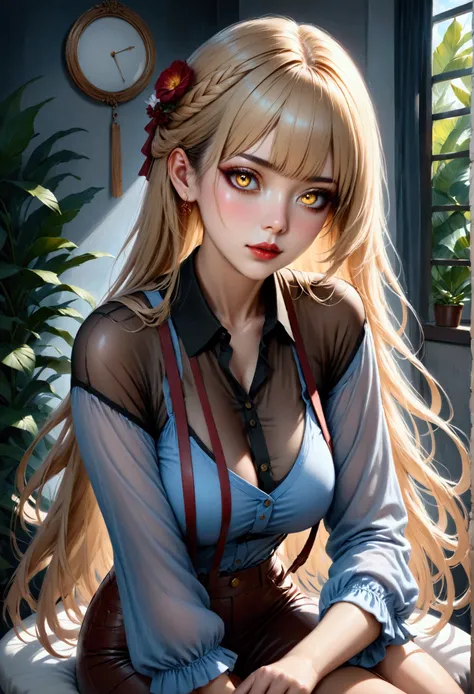 (masterpiece, aesthetic, detailed eyes, realistic), 1girl, mahiru shiina, angel next door spoils me rotten, Long smooth straight golden hair,golden eyes, large bust, large hips, slim waist, sitting in casual clothes, super detail, ultra sharp, best quality...