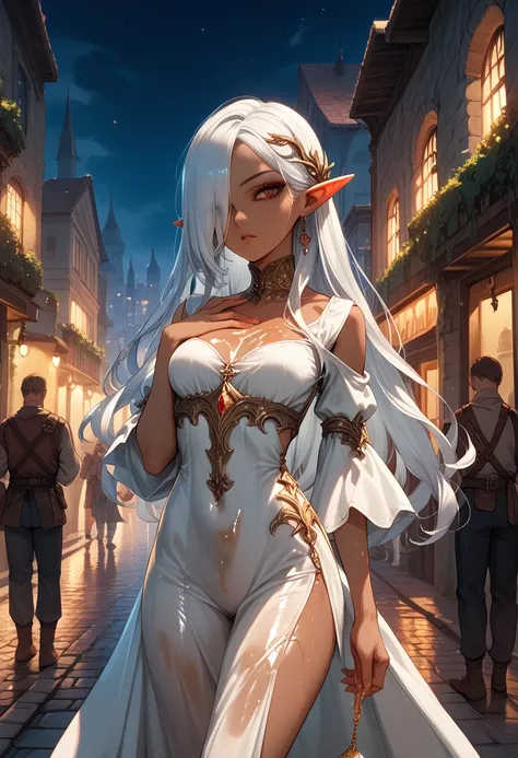  ,    dark skin  , hair covers the eye, rpg,  ,  elf,  covered with oil,  runs their hand over the chest, silk clothes ,  long hair, city, prostitute, makeup, Night,  medieval, anime,  one girl,  revealing dress