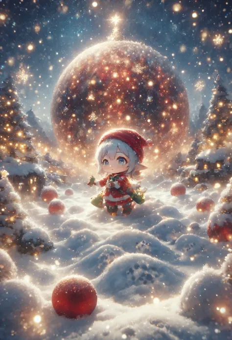 3elf(Cute, (chibi:1.3), fairy elf, living on the snow,Decorating the Christmas tree.), in the (Christmas:1.3) forest, beautiful ornaments,ChristmasWintery, snowy starry night, (many rainboots footprints:1.4). BREAK .quality(8k,wallpaper of extremely detail...