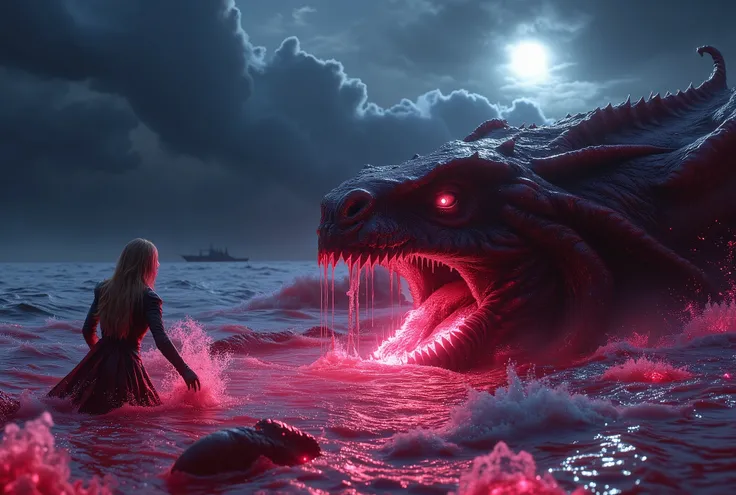 (Best Picture Quality,4K,8K,Hi-Res,Masterpiece:1.2),Ultra-Detailed,(Realistic,Photorealistic,Photorealistic:1. 37),A neon-colored, Gore,Eerie,Horror,Stormy Sea,Moon View,Sacrificed Princess Andromeda,The most beautiful princess in the world with blond hair...