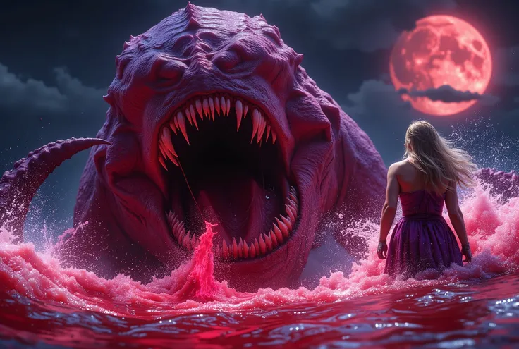 (Best Picture Quality,4K,8K,Hi-Res,Masterpiece:1.2),Ultra-Detailed,(Realistic,Photorealistic,Photorealistic:1. 37),A neon-colored, Gore,Eerie,Horror,Stormy Sea,Moon View,Sacrificed Princess Andromeda,The most beautiful princess in the world with blond hair...