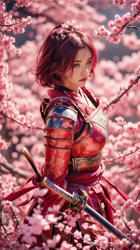  Sexy female character wearing red armor as a warrior from the Sengoku period 、((very short hair))、((Hot pink hair))、((toned body))、(glistening skin)、 toned body、((huge breasts sagging breasts))、Big Breasts、 plump thighs、 The pink armor with a plum blossom...