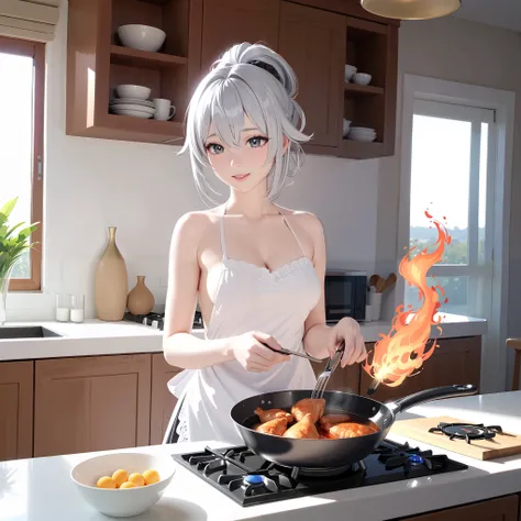 1 Japanese cute girl with silvery white hair in an intricate asymmetrical updo. The back of her hair is bunched high and short with the ends fanning out. The left side of her hair frames her face with long, loose strands, while the right side of her hair i...