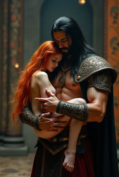 A handsome tall muscular man with long straight black hair wearing medieval clothes holding in his lap an effeminate man with long naked orange hair