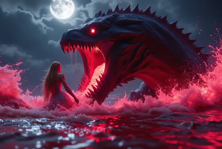 (Best Picture Quality,4K,8K,Hi-Res,Masterpiece:1.2),Ultra-Detailed,(Realistic,Photorealistic,Photorealistic:1. 37),A neon-colored, Gore,Eerie,Horror,Stormy Sea,Moon View,Sacrificed Princess Andromeda,The most beautiful princess in the world with blond hair...