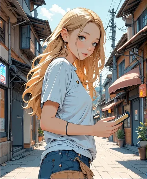 (1 girl) 、Create an " Standing in front of  shop in a back alley" scene where a beautiful dark gray-eyed Japanese young highschool girl .


 Japanese woman。Her hair is light blonde long hair、Super Gal。 Confident  Smiling 。There is enough sunlight。line art ...