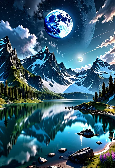 Mountain with lake and moon in the sky 々, highly detailed digital art in 4K,  4K HD wallpapers very detailed ,  Above there is a lake 。 impressive fantasy landscape ,   Sci-fi Fantasy Desktop Wallpaper  , Unreal Engine 4K wallpapers,  4K Detailed Digital A...