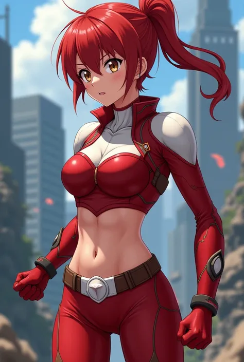  My Hero Academia Style ,   anime girl , woman, young woman ,  full body shot ,( Fighting Stance :1.3),Long Hair, Red Hair,   Brown Eyes , hero suit, Full Body Suit,  red suit with white details, perfect anatomy,  enhanced abs , super detailed,(building:1....