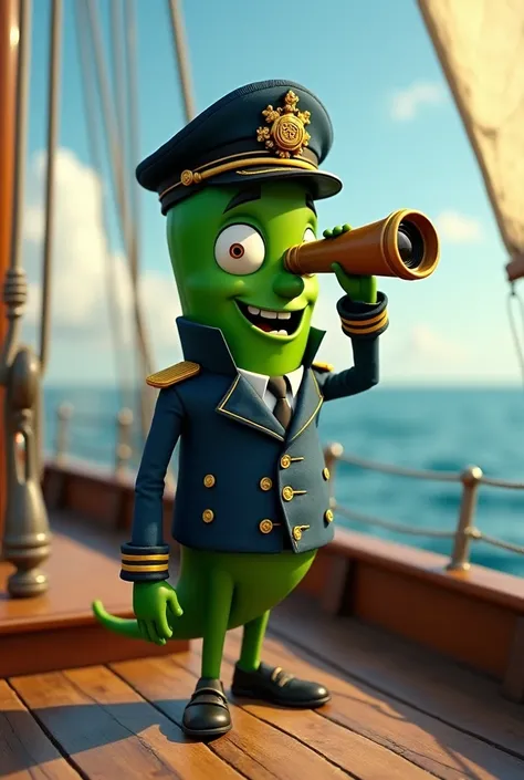 Animated pepper in captains clothing on a boat looking with her eyeglass looking at the Horizon 