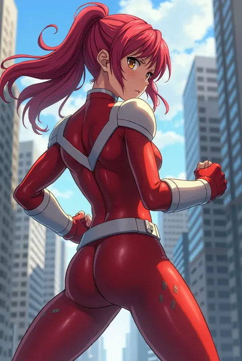  My Hero Academia Style ,   anime girl , woman, young woman ,  full body shot ,( Fighting Stance :1.3),Long Hair, Red Hair,   Brown Eyes , hero suit, Full Body Suit,  red suit with white details, perfect anatomy,  enhanced abs , super detailed,(building:1....