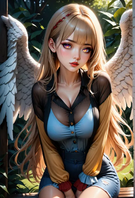 (masterpiece, aesthetic, detailed eyes, realistic), 1girl, mahiru shiina, angel next door spoils me rotten, Long smooth straight golden hair,gradient eyes, large bust, large hips, slim waist, sitting in casual clothes, super detail, ultra sharp, best quali...