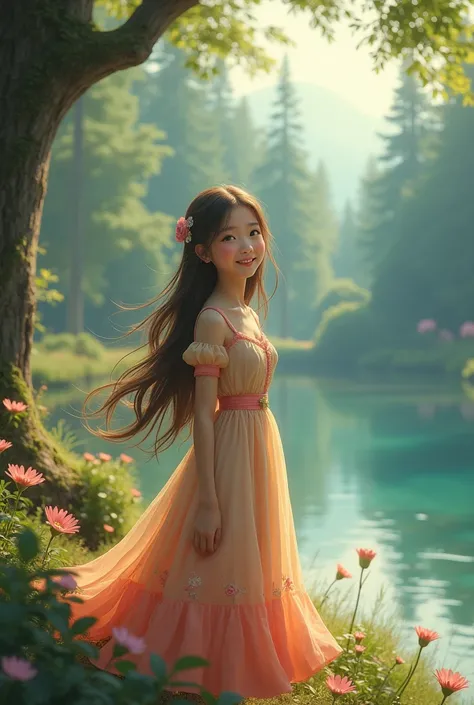 cute girl in a dress near the forest with lake view, not anime