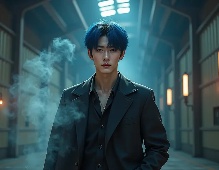 a 24 year old Korean boy, blue hair, square face, sexy , defined nose, defined mouth, black background, (best quality,4k,8k,highres,masterpiece:1.2),ultra-detailed,(realistic,photorealistic,photo- realistic:1.37),HDR,UHD,studio lighting,ultra-fine painting...