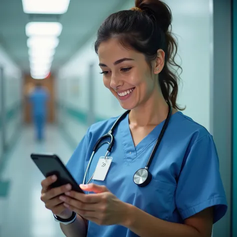 Professional photo of a nurse with an interested expression and a subtle smile, looking at her smartphone in a hospital corridor.