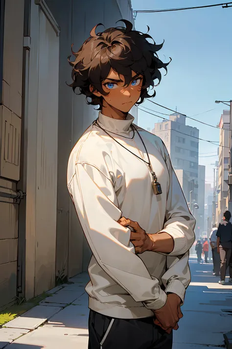 ((masterpiece, best quality, 1boy, male focus, masculine, looking at viewer, solo, closed mouth, teenager, muscle, muscular,)) (short hair, black hair, wavy hair, curly hair, messy hair, blue eyes, glowing eyes, calm expression, perfect eyes, perfect face,...