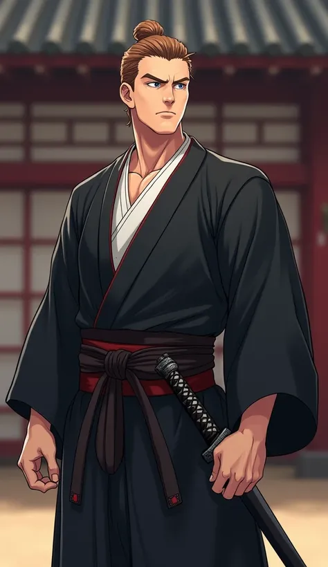   Man between 30-35 years old, light brown hair, hair slicked back with gel showing the forehead , light blue eyes, strong body,  light smyle expression , black kimono . black kimono with white and red details, with a sword attached to the belt, in an empt...