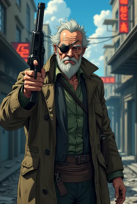 An anime old man nane baze with an eye patch and gun in hand