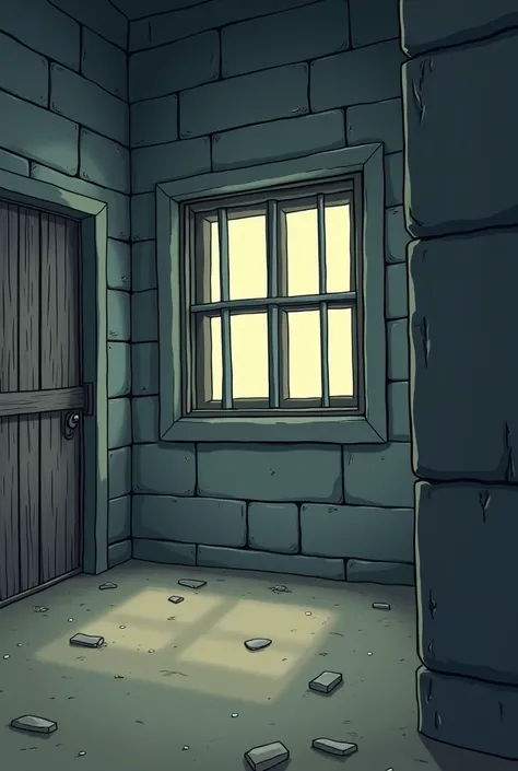 ((animation style)), ((cartoon style))  A room with gray brick walls .  In the middle is a small window with a ramen of bricks around it. There are bars in the window .  On the left wall is a door with bars .  The floor is dusty and there are a couple of s...