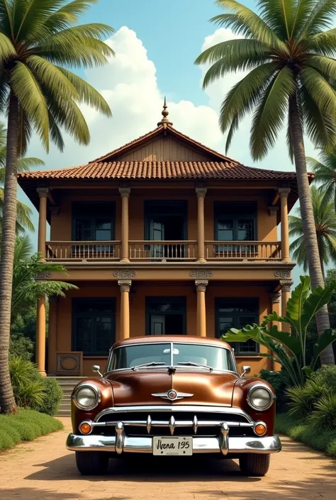  Taipa house in the Northeastern Brazilian interior , The house has a high sidewalk ,  a coconut tree and a 
Fruit tree next to the house ,   in front of the house there is a car of the model OPAL COMODORO BROWN METALLIC and on the license plate the name V...