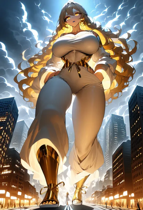 Female Giant, White greek goddess clothing,  gold high heels ,  fit body , Powerful力量,  Very Big Breasts ,  with golden eyes,  Long Blonde Hair ,  gold jewelry , Superior expression ,  walk through a small city ,   smoke and clouds loom over her ,  epic sc...