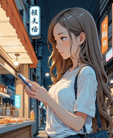 (1 girl) 、Create an " Standing in front of  shop in a back alley" scene where a beautiful dark gray-eyed Japanese young highschool girl .


 Japanese woman。Her hair is ash brown long hair、Super Gal。 Confident  Smiling 。 backlit。line art illustration


 、Dr...