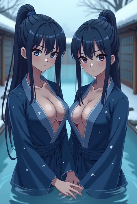 In Onsen and snow , Serious sisters, Navy blue tied hair, huge bust, Apertura de Estrellas clothing color blue, Hands crossed dark anime style  