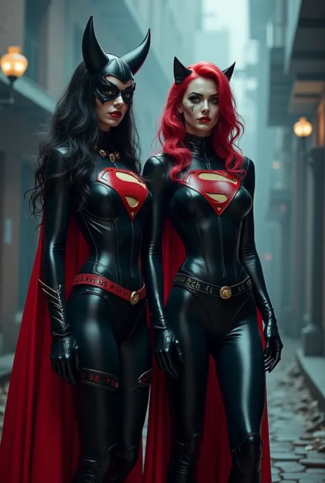 Transform Superman into a super sexy Catwoman-style drag queen wearing latex clothes with the symbol and long boots alongside a demonic-style witch