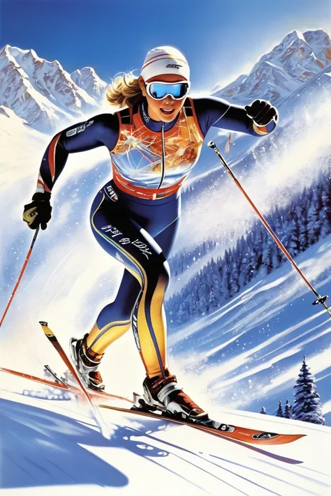 Ski Sprint, by Drew Struzan.
best quality, masterpiece, intricate details, ultra-detailed