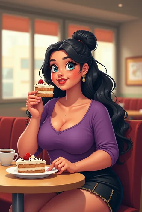 extreme quality, extreme resolution, masterpiece, cartoon, 1 girl, beautiful, beautiful face, (gorgeous ice blue eyes:1.2), freckles, long black hair, beautiful hair, purple top. Black skirt with gold details, plussize, fat, fat round belly, fat stomach, f...